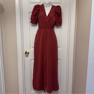 Zara Women's XS Terracotta Jumpsuit Faux Wrap Puff Short Sleeves Wide Leg